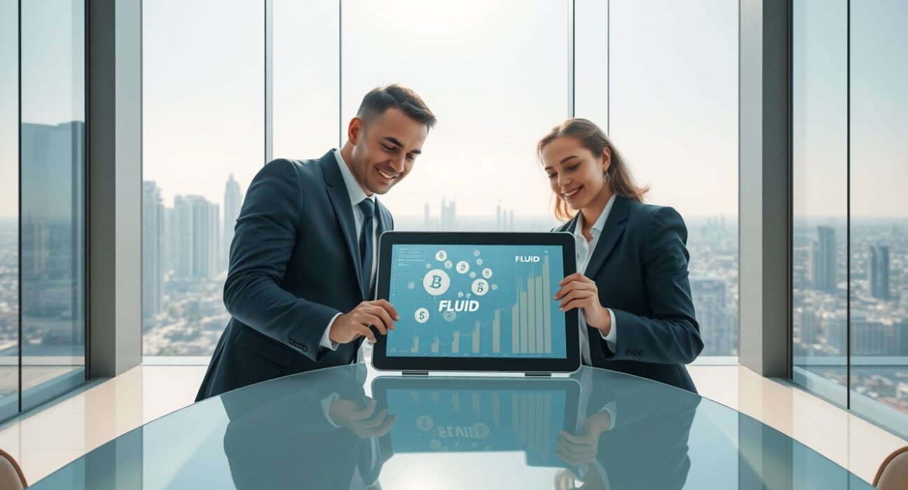 Professionals in a Dubai office reviewing a tablet with FLUID cryptocurrency data and growth charts