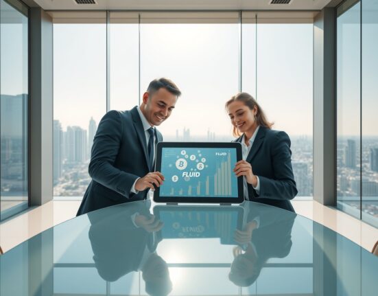 Professionals in a Dubai office reviewing a tablet with FLUID cryptocurrency data and growth charts