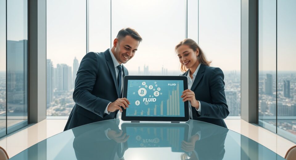 Professionals in a Dubai office reviewing a tablet with FLUID cryptocurrency data and growth charts