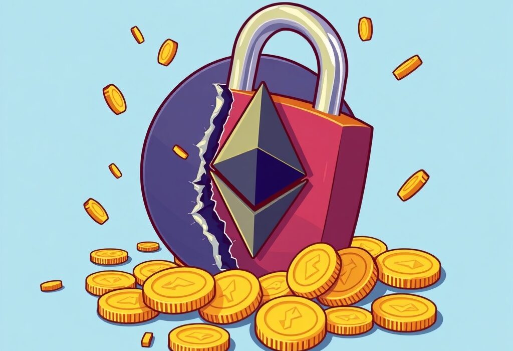 An illustration showing the Kinto shutdown due to a hack, with broken chains and a sad crypto symbol.