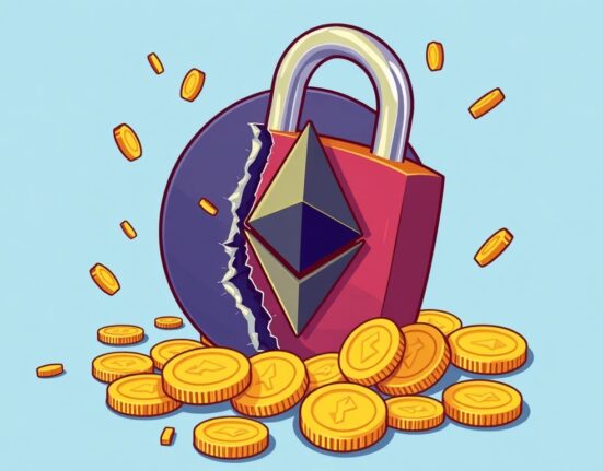 An illustration showing the Kinto shutdown due to a hack, with broken chains and a sad crypto symbol.