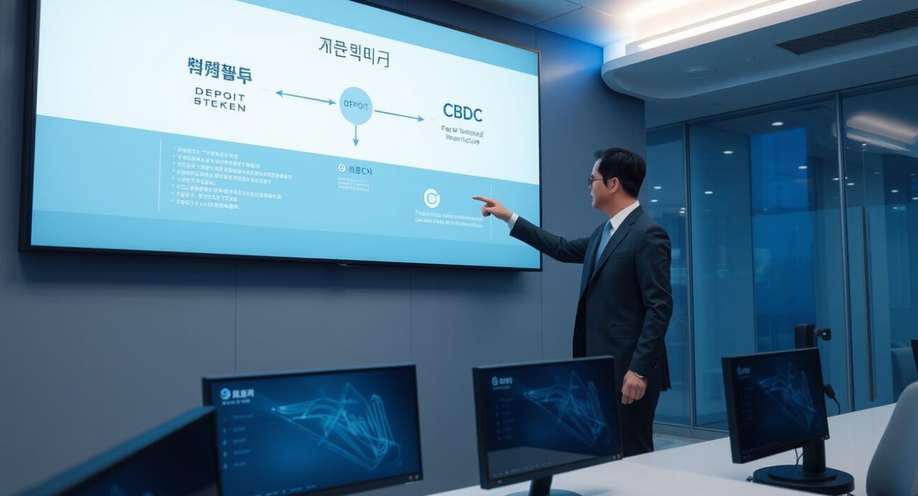 Analyst in a Seoul tech control room viewing a digital display of deposit token and CBDC payment infrastructure.