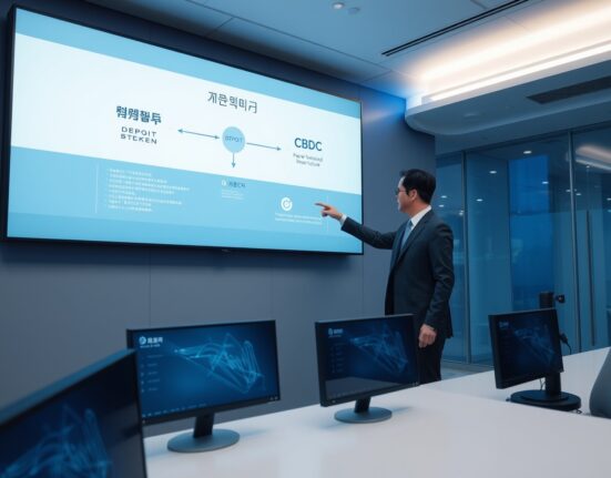 Analyst in a Seoul tech control room viewing a digital display of deposit token and CBDC payment infrastructure.