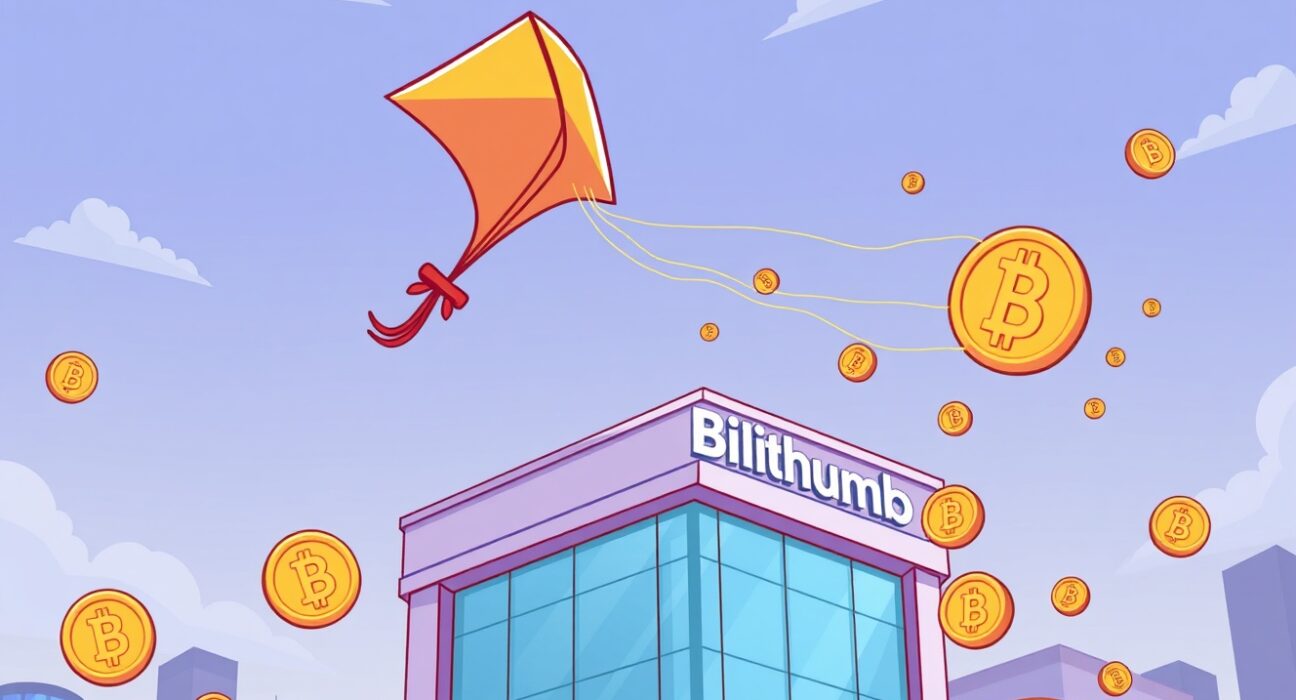 A digital Kite (KITE) token soaring over a Bithumb exchange, symbolizing the new Kite KITE listing and trading opportunities.