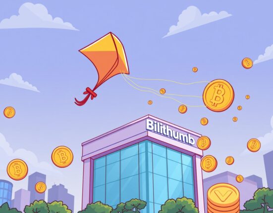 A digital Kite (KITE) token soaring over a Bithumb exchange, symbolizing the new Kite KITE listing and trading opportunities.