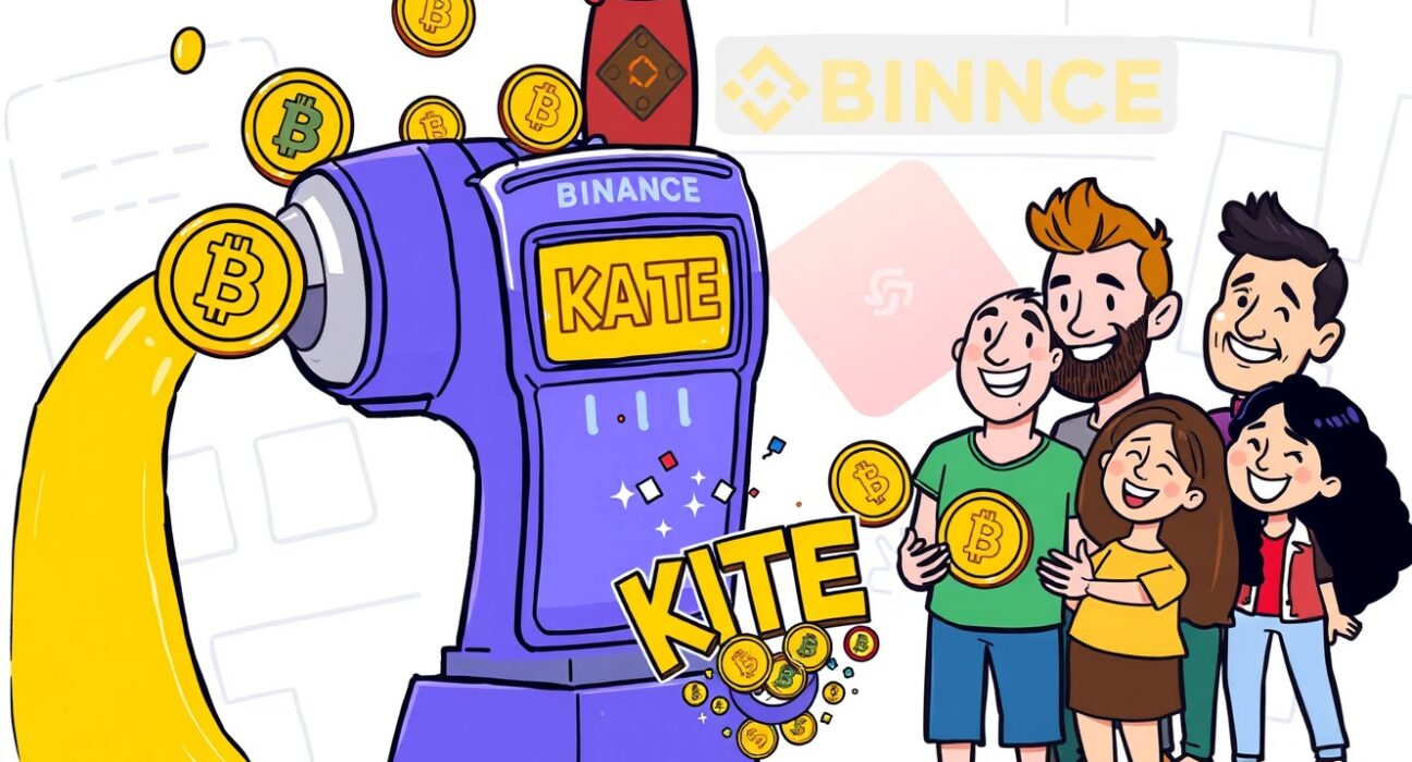A vibrant cartoon depicting users staking BNB, FDUSD, and USDC in the KITE Launchpool to earn KITE tokens on Binance.