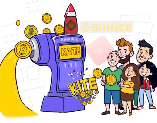 A vibrant cartoon depicting users staking BNB, FDUSD, and USDC in the KITE Launchpool to earn KITE tokens on Binance.