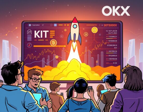 A cartoon depicting traders excitedly watching a screen showing KITE perpetual futures soaring, highlighting the opportunity of 20x leverage on OKX.