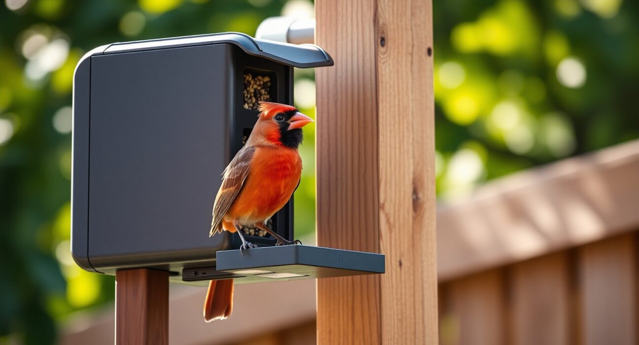 Kiwibit Bird Feeder 2 with solar panel and northern cardinal perched on the edge in a sunlit backyard
