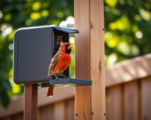 Kiwibit Bird Feeder 2 with solar panel and northern cardinal perched on the edge in a sunlit backyard