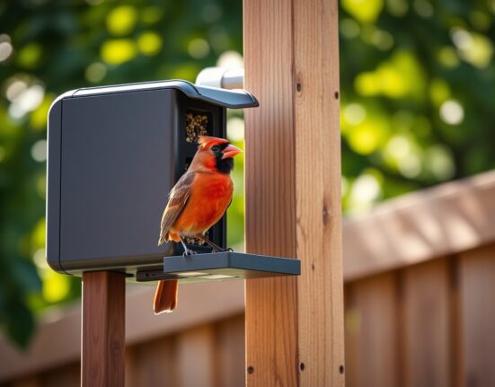Kiwibit Bird Feeder 2 with solar panel and northern cardinal perched on the edge in a sunlit backyard