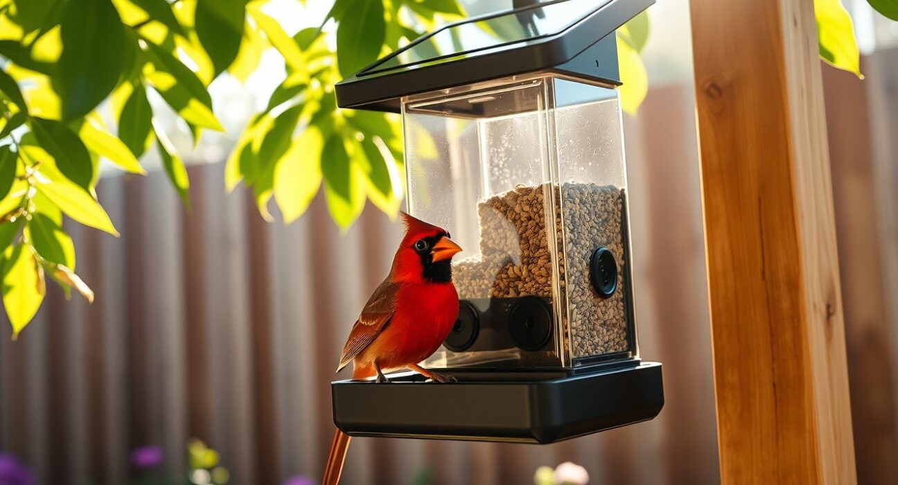 Kiwibit Bird Feeder Pro 4K AI Camera mounted outdoors with a northern cardinal feeding