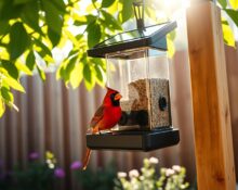 Kiwibit Bird Feeder Pro 4K AI Camera mounted outdoors with a northern cardinal feeding