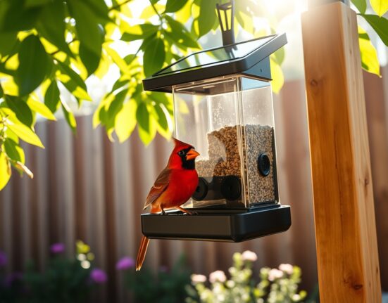 Kiwibit Bird Feeder Pro 4K AI Camera mounted outdoors with a northern cardinal feeding