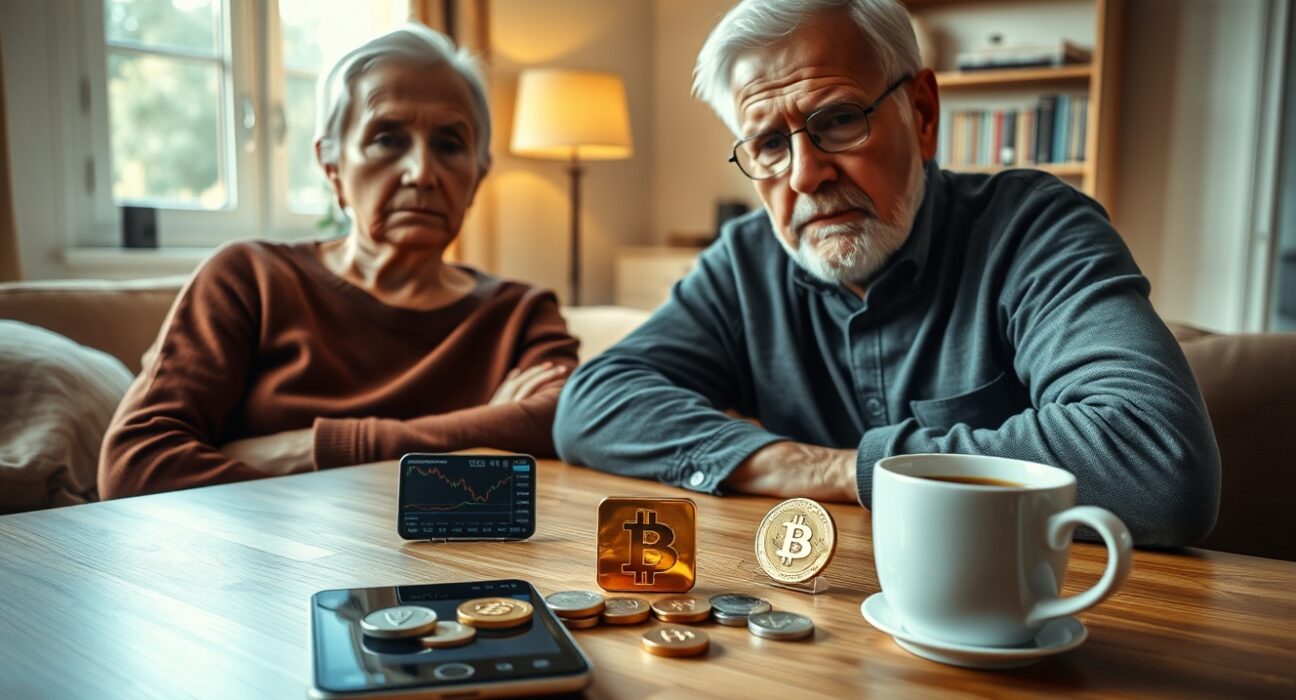 Older couple planning retirement with gold, silver, and a smartphone showing Bitcoin and Ethereum charts