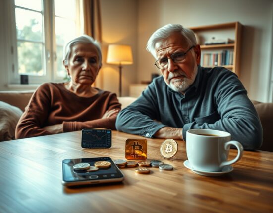 Older couple planning retirement with gold, silver, and a smartphone showing Bitcoin and Ethereum charts