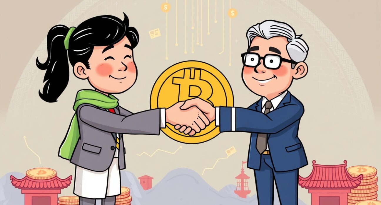 Cartoon illustration of KODA and Lombard Finance collaborating to bring secure Bitcoin yield products to South Korean institutions.