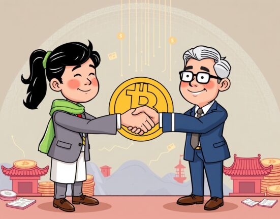 Cartoon illustration of KODA and Lombard Finance collaborating to bring secure Bitcoin yield products to South Korean institutions.