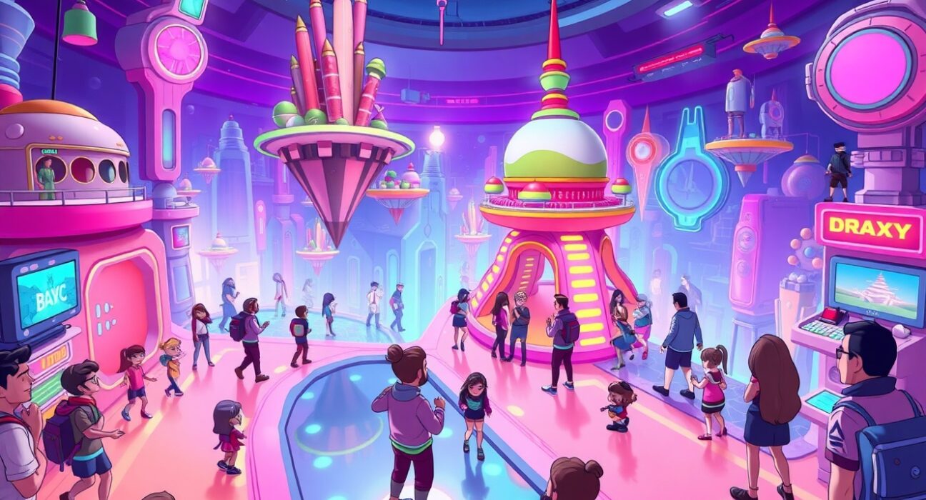 Cartoon illustration of a bustling Koda Nexus social hub in the Otherside metaverse, with various avatars interacting.