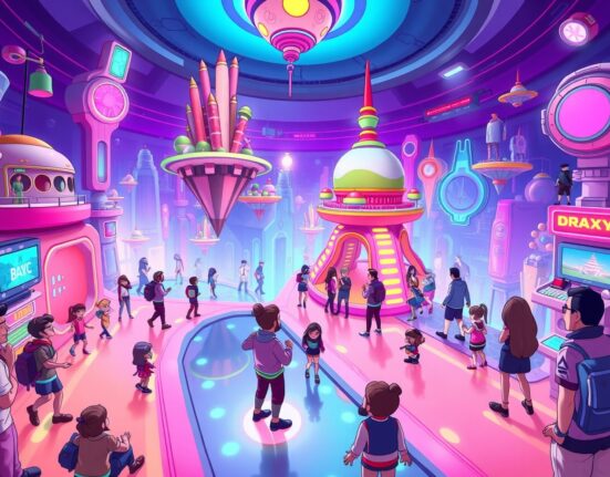 Cartoon illustration of a bustling Koda Nexus social hub in the Otherside metaverse, with various avatars interacting.