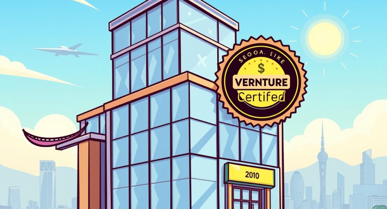 A cartoon illustration showing KODA's building with a 'Venture Certified' badge, symbolizing its pioneering KODA venture company certification in South Korea.