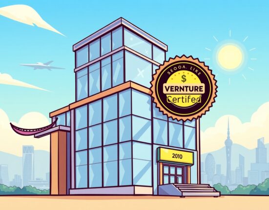 A cartoon illustration showing KODA's building with a 'Venture Certified' badge, symbolizing its pioneering KODA venture company certification in South Korea.