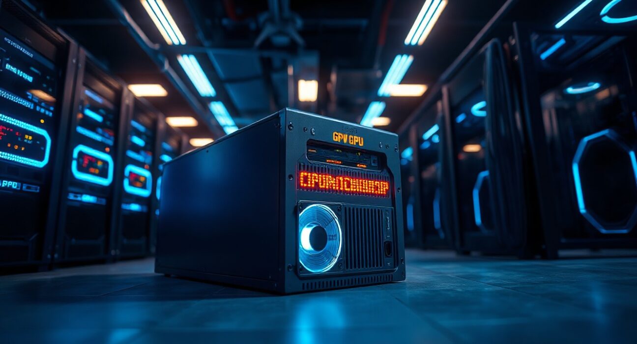 Close-up of a GPU server in a data center with glowing lights, representing high-performance computing.
