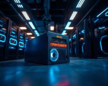 Close-up of a GPU server in a data center with glowing lights, representing high-performance computing.