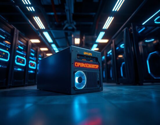 Close-up of a GPU server in a data center with glowing lights, representing high-performance computing.