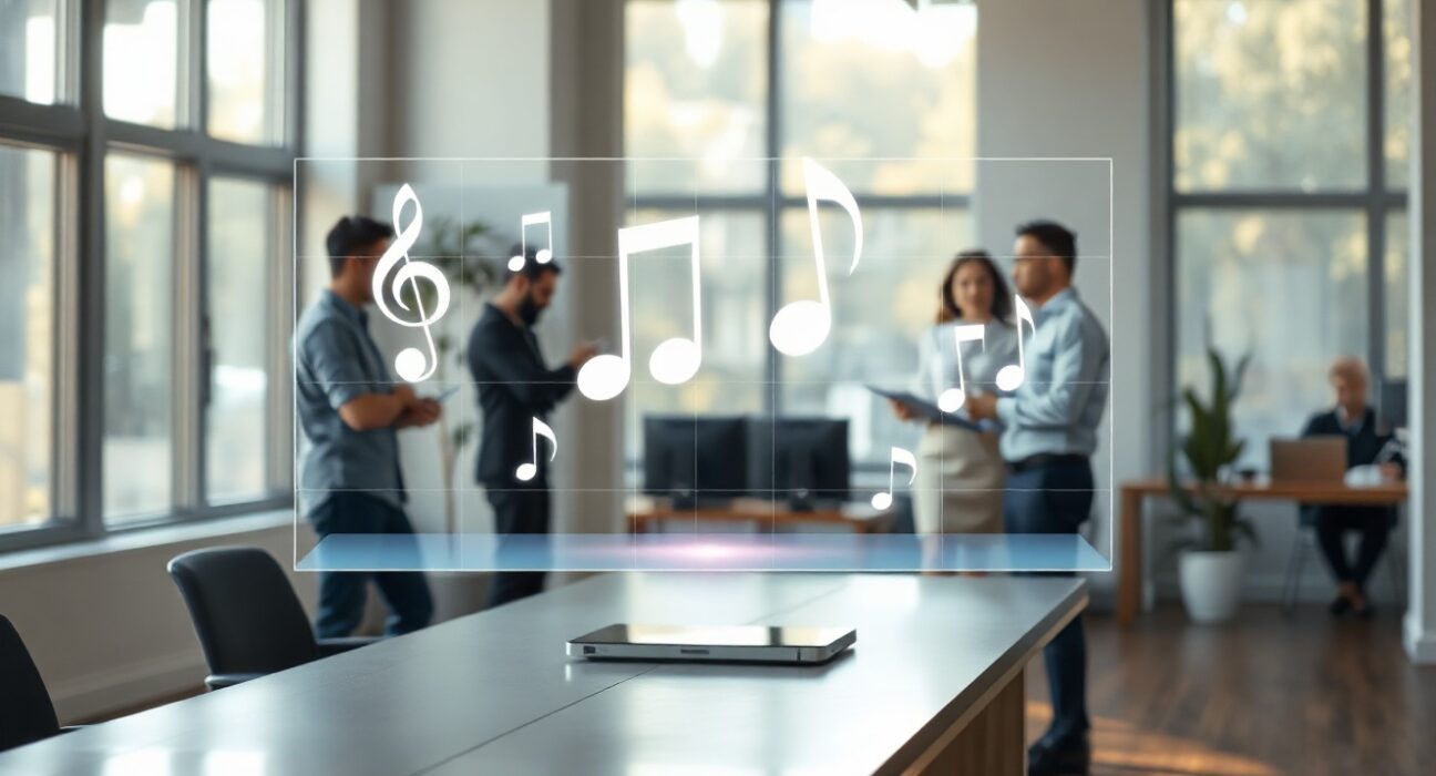 Holographic display of musical notes and film reels in a modern office setting