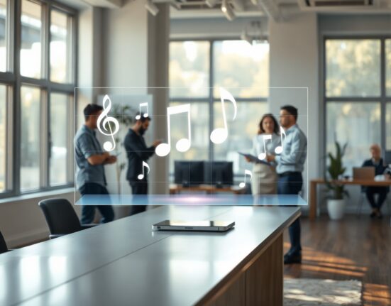 Holographic display of musical notes and film reels in a modern office setting
