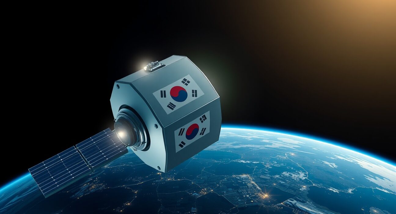 Spacecoin satellite orbiting Earth representing the DePIN project listed on Korbit with airdrop