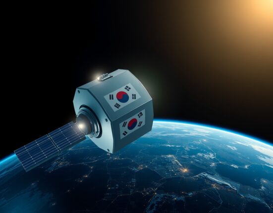 Spacecoin satellite orbiting Earth representing the DePIN project listed on Korbit with airdrop