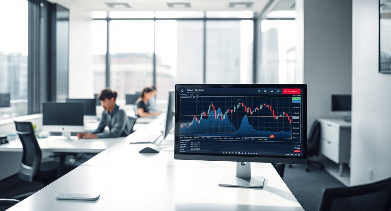 A desk with a computer monitor showing Bitcoin and Ethereum trading charts in a modern South Korean office.