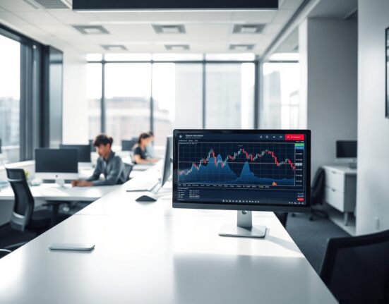 A desk with a computer monitor showing Bitcoin and Ethereum trading charts in a modern South Korean office.