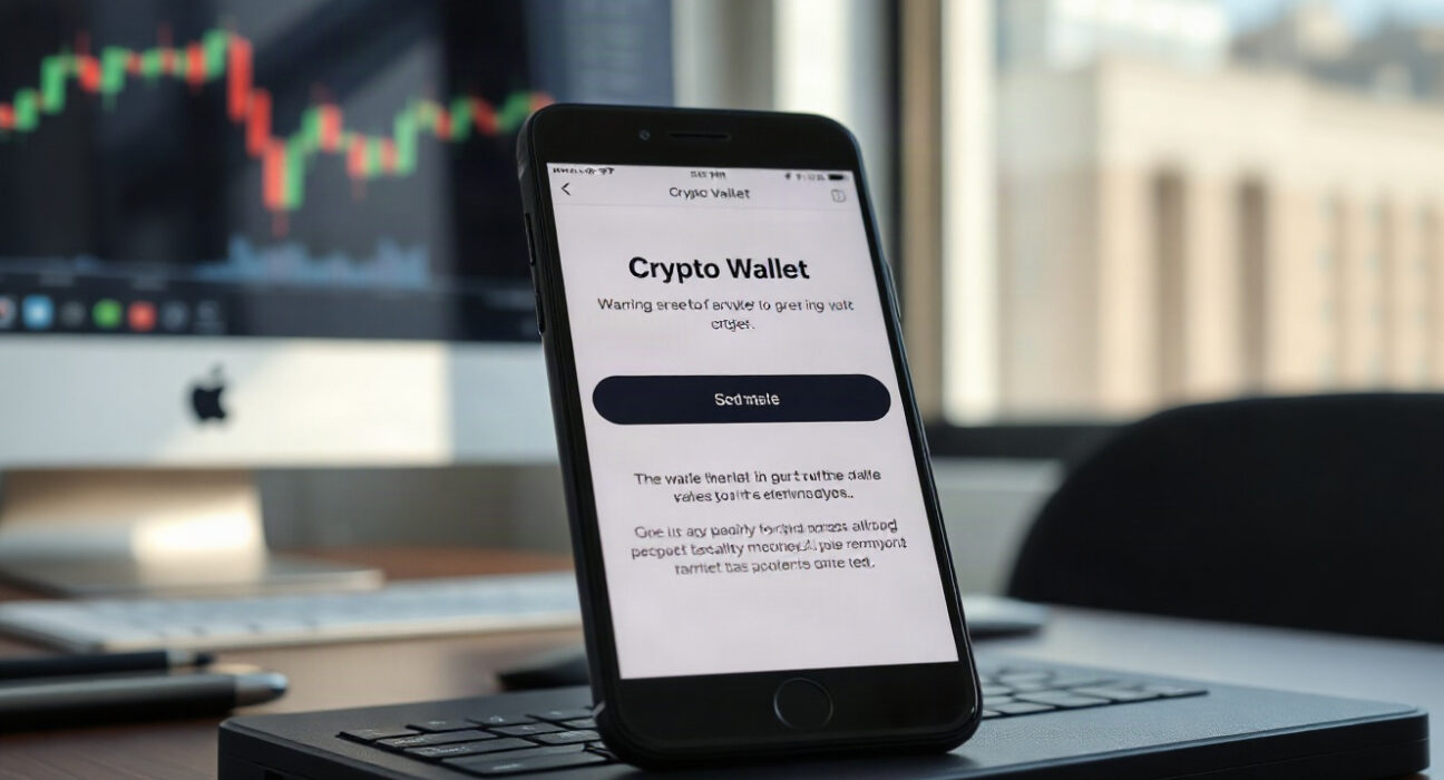 Smartphone showing a crypto wallet app with a service termination warning on a desk