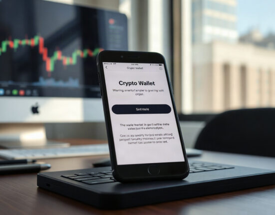 Smartphone showing a crypto wallet app with a service termination warning on a desk