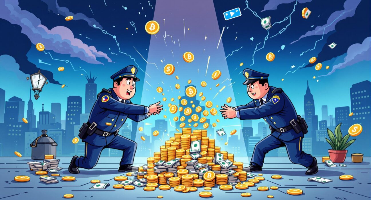 An illustration depicting the South Korean authorities disrupting a crypto laundering operation, highlighting the fight against financial crime.