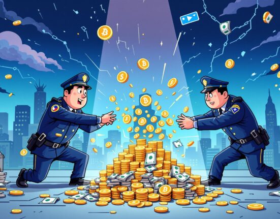 An illustration depicting the South Korean authorities disrupting a crypto laundering operation, highlighting the fight against financial crime.