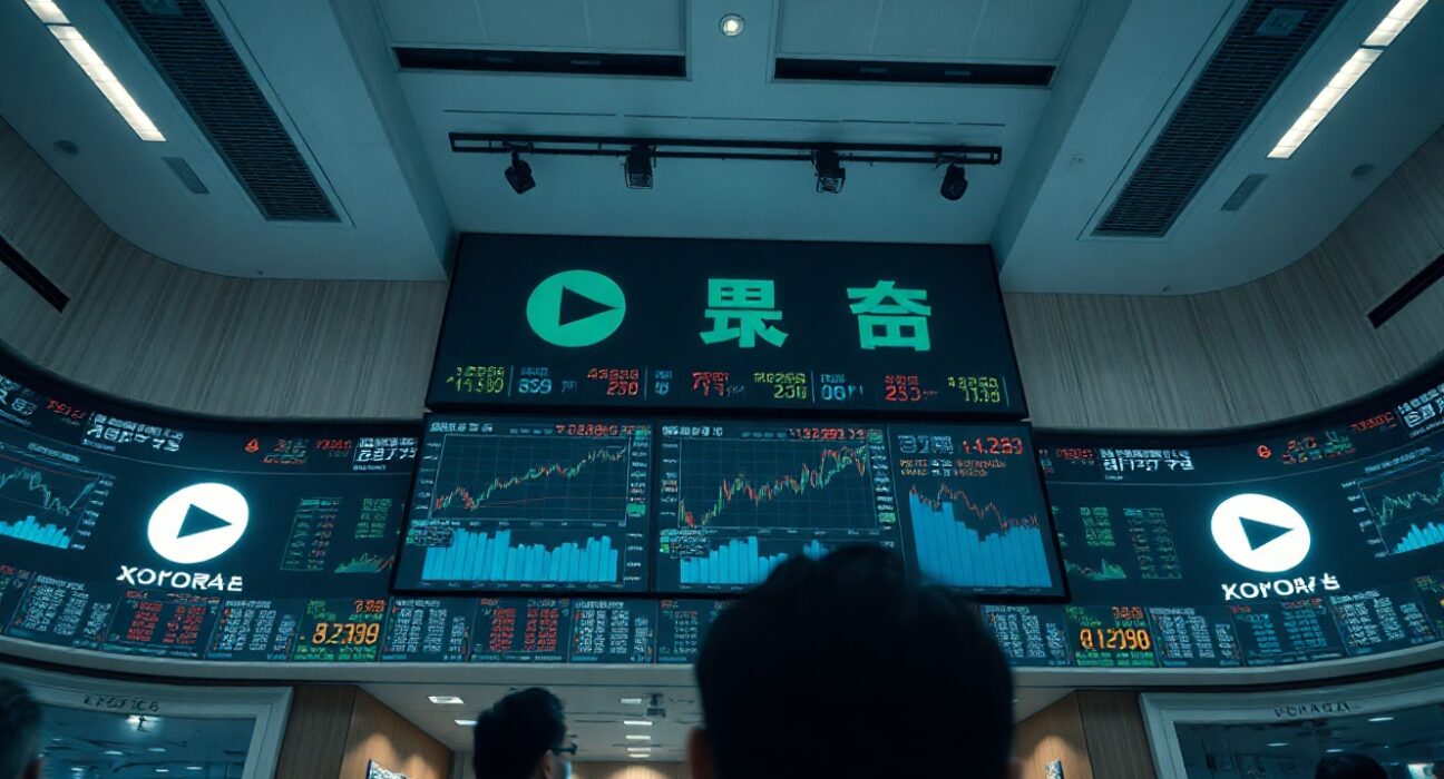Interior of Korea Exchange with digital trading displays and officials