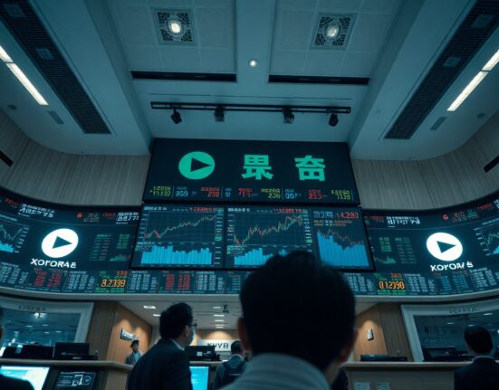 Interior of Korea Exchange with digital trading displays and officials