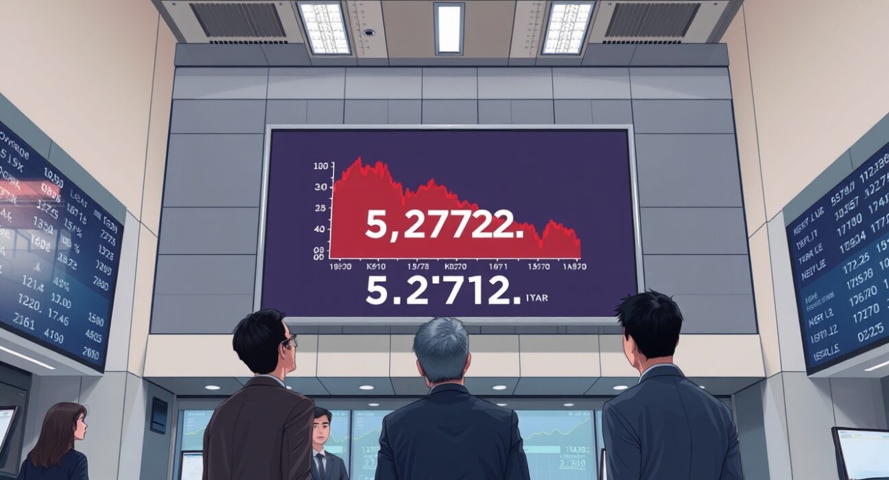 Korea Exchange trading floor showing KOSPI index drop triggering sell-side sidecar mechanism