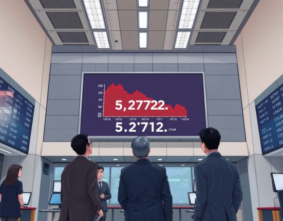 Korea Exchange trading floor showing KOSPI index drop triggering sell-side sidecar mechanism