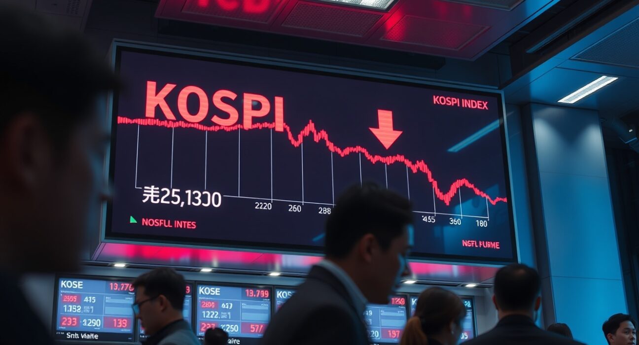 Stock market display showing KOSPI index with a sharp red decline on a trading floor