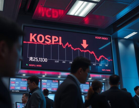 Stock market display showing KOSPI index with a sharp red decline on a trading floor