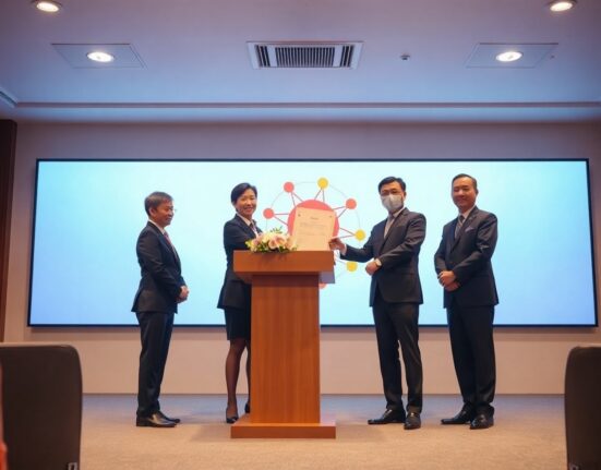 Four executives from Korea Investment, Coinone, OKX, and Com2uS shaking hands at a partnership ceremony in Seoul.