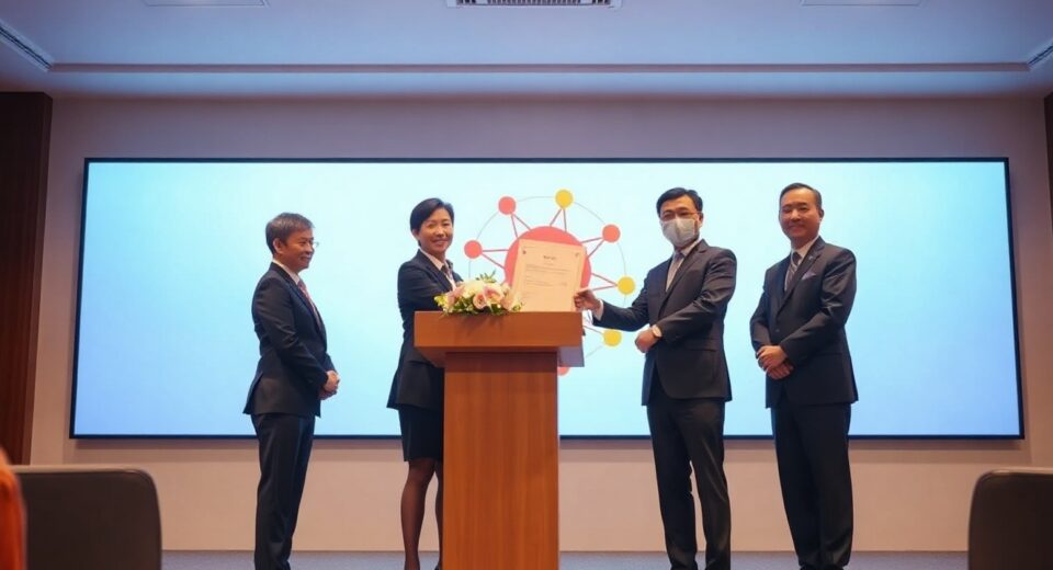 Four executives from Korea Investment, Coinone, OKX, and Com2uS shaking hands at a partnership ceremony in Seoul.