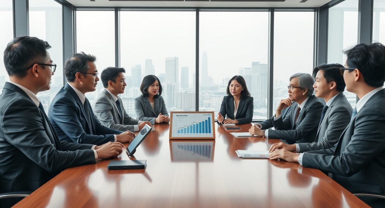Business executives in a Seoul conference room discussing a potential acquisition deal.