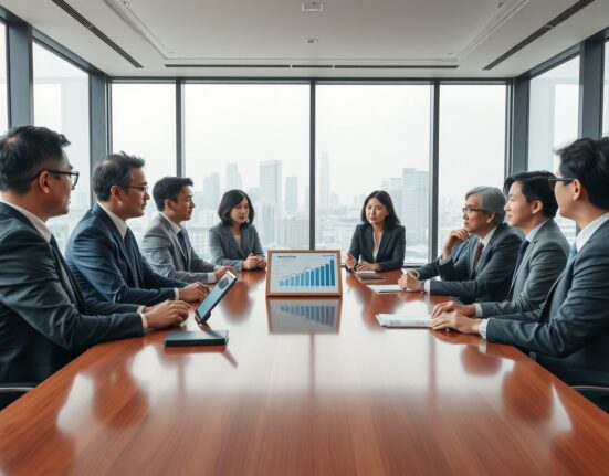 Business executives in a Seoul conference room discussing a potential acquisition deal.
