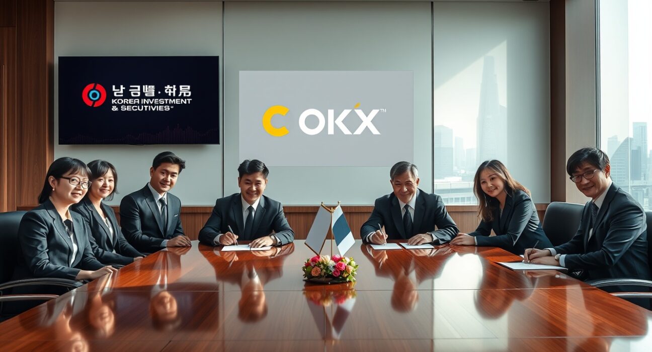 Executives from Korea Investment & Securities and OKX signing a joint acquisition agreement for a 40% stake in Coinone in a Seoul boardroom.